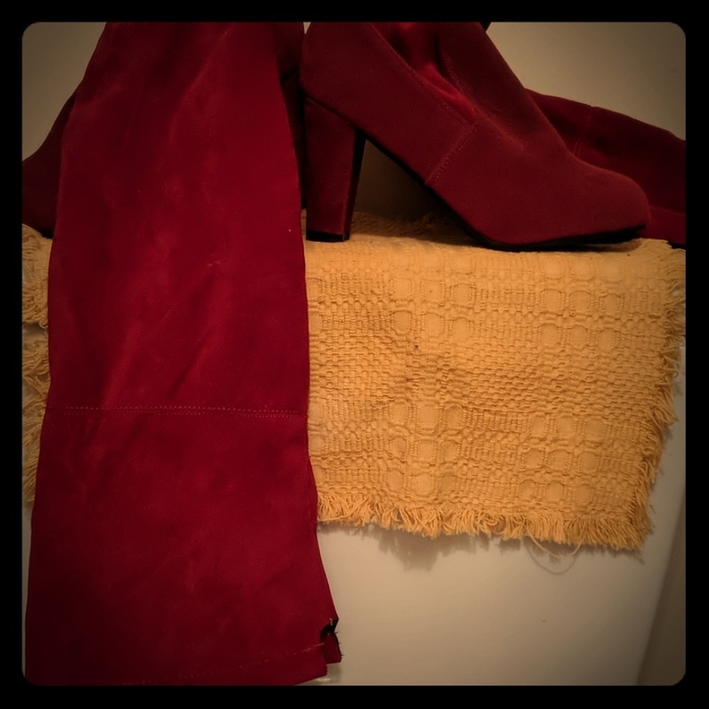 Red velvet knee high boot